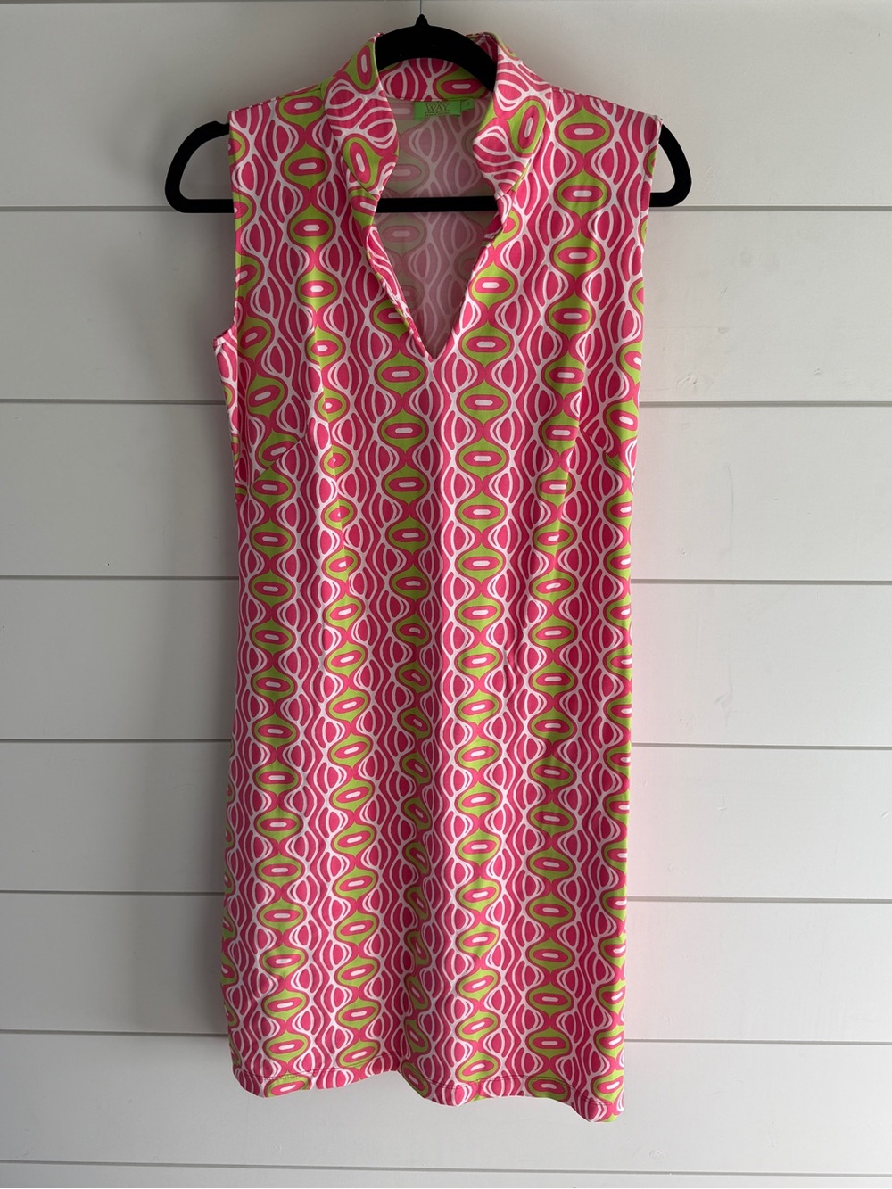 Katherine Way Pink and Lime Geometric Sleeveless Shift Dress, Size S